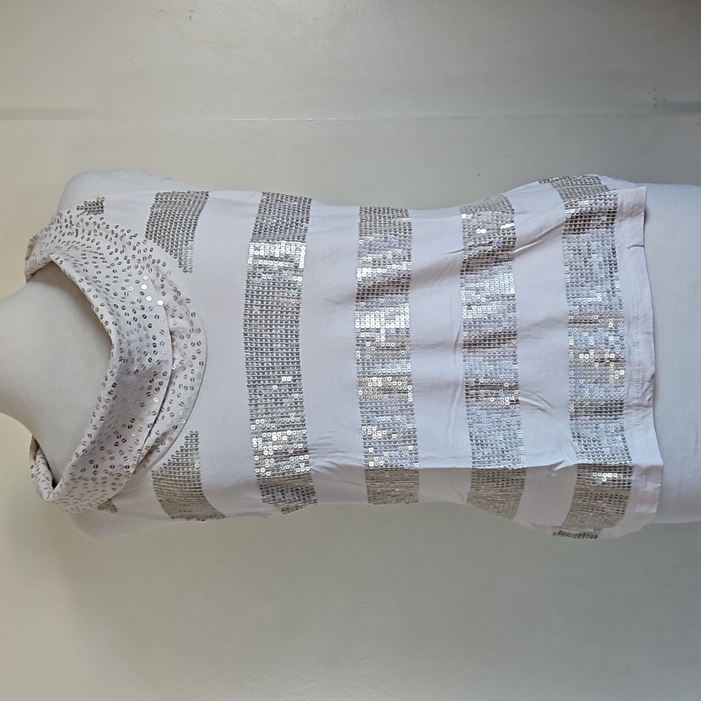 WHBM Sequined Cream Sleeveless top Cowl Sequined Pullover Cowl Neck Size large